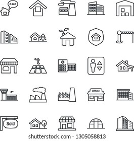 Thin Line Icon Set - barrier vector, elevator, shop, airport building, factory, greenhouse, hospital, store, warehouse storage, house with garage, tree, sold signboard, office, estate insurance, eco