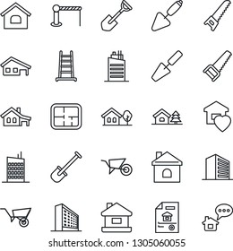 Thin Line Icon Set - barrier vector, office building, trowel, shovel, ladder, wheelbarrow, saw, house, with garage, tree, plan, estate document, sweet home, city, message