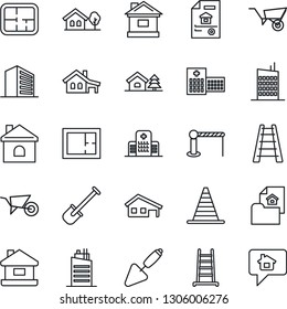 Thin Line Icon Set - barrier vector, border cone, office building, trowel, shovel, ladder, wheelbarrow, house, hospital, with garage, tree, plan, estate document, city, home message