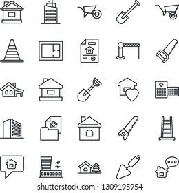 Thin Line Icon Set - barrier vector, border cone, airport building, office, trowel, shovel, ladder, wheelbarrow, saw, house, hospital, with garage, tree, plan, estate document, sweet home, city