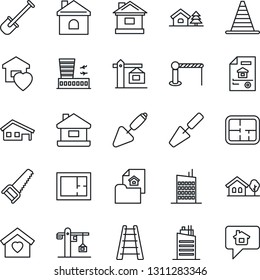 Thin Line Icon Set - barrier vector, border cone, airport building, trowel, shovel, ladder, saw, house, with garage, tree, plan, estate document, sweet home, city, crane, message