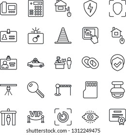 Thin Line Icon Set - barrier vector, passport control, security gate, alarm car, bomb in case, identity, border cone, card, shield, chain, protect, sd, face id, eye, stamp, key, vip zone, home, app