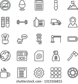 Thin Line Icon Set - barrier vector, no laptop, gear, tie, document, money bag, axe, barbell, pin, office phone, car delivery, hook, network, menu, stopwatch, battery, search, calculator, book, bulb