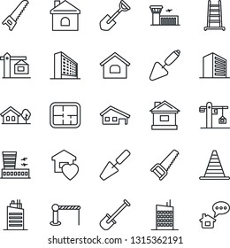 Thin Line Icon Set - barrier vector, border cone, airport building, office, trowel, shovel, ladder, saw, house, with garage, tree, plan, sweet home, city, crane, message