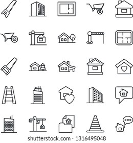 Thin Line Icon Set - barrier vector, border cone, office building, ladder, wheelbarrow, saw, house, with garage, tree, plan, estate document, sweet home, city, crane, message