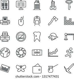 Thin Line Icon Set - barrier vector, automatic door, train, no laptop, mouse, butterfly, axe, run, caries, earth, plane, office phone, barcode, equalizer, mobile camera, presentation board, printer
