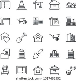 Thin Line Icon Set - barrier vector, border cone, airport building, office, trowel, shovel, ladder, wheelbarrow, house, hospital, with tree, plan, estate document, sweet home, city, crane, message