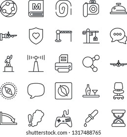 Thin Line Icon Set - barrier vector, plane, boarding, office chair, pedestal, printer, dropper, heart shield, camera, antenna, gamepad, network, dialog, share, message, compass, crane, alcohol, menu