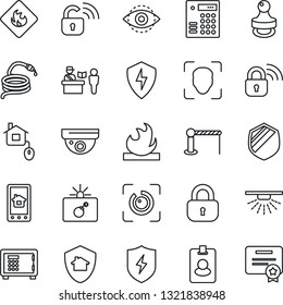 Thin Line Icon Set - barrier vector, passport control, bomb in case, safe, hose, shield, flammable, protect, face id, eye, stamp, lock, home, wireless, app, combination, pass card, surveillance