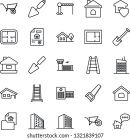 Thin Line Icon Set - barrier vector, airport building, office, trowel, shovel, ladder, wheelbarrow, saw, house, hospital, with garage, tree, plan, estate document, sweet home, city, message