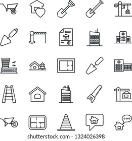 Thin Line Icon Set - barrier vector, border cone, airport building, trowel, shovel, ladder, wheelbarrow, saw, hospital, house, with tree, plan, estate document, sweet home, city, crane, message