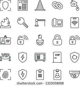 Thin Line Icon Set - barrier vector, border cone, safe, identity card, flammable, chain, protect, face id, stamp, key, lock, vip zone, home control, fingerprint, wireless, intercome, combination