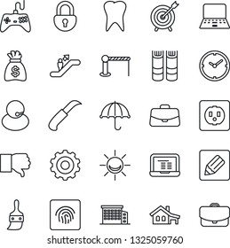 Thin Line Icon Set - barrier vector, escalator, gear, book, case, notebook pc, money bag, garden knife, tooth, support, umbrella, gamepad, finger down, themes, notes, lock, fingerprint id, clock