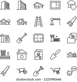 Thin Line Icon Set - barrier vector, airport building, office, trowel, shovel, ladder, wheelbarrow, saw, house, with garage, tree, plan, estate document, sweet home, crane, message