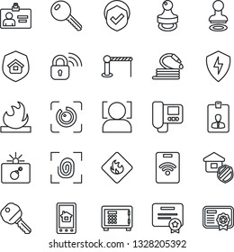 Thin Line Icon Set - barrier vector, bomb in case, stamp, safe, identity card, hose, shield, flammable, protect, face id, eye, key, estate insurance, fingerprint, wireless lock, intercome, pass