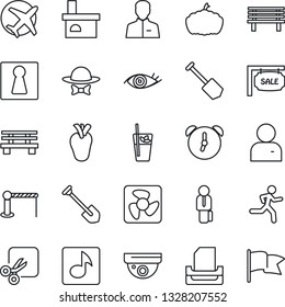 Thin Line Icon Set - barrier vector, female, job, bench, pumpkin, fireplace, run, real heart, eye, plane, user, alarm, cut, music, paper tray, manager, sale, phyto bar, dress code, fan, surveillance