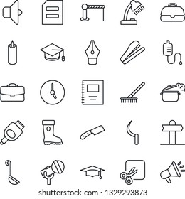 Thin Line Icon Set - barrier vector, graduate, document, rake, boot, sickle, dropper, signpost, microphone, hdmi, clock, cut, case, copybook, ink pen, desk lamp, stapler, candle, ladle, knife, sound