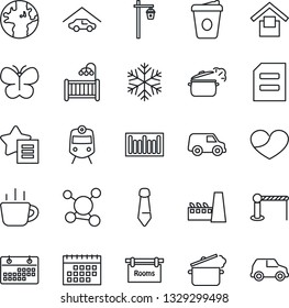 Thin Line Icon Set - barrier vector, train, tie, document, coffee, butterfly, garden light, molecule, earth, warehouse storage, barcode, favorites list, heart, calendar, garage, rooms, children room