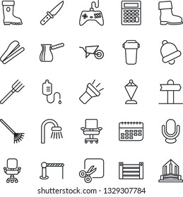 Thin Line Icon Set - barrier vector, pennant, farm fork, rake, wheelbarrow, boot, dropper, signpost, term, container, gamepad, microphone, bell, torch, cut, office chair, stapler, bathroom, knife