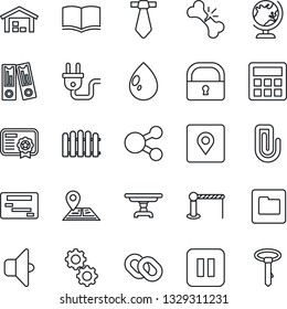Thin Line Icon Set - barrier vector, globe, book, office binder, fence, water drop, broken bone, navigation, chain, pause button, calculator, folder, place tag, lock, paper clip, warehouse, table