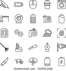Thin Line Icon Set - barrier vector, wind, gear, mouse, ripper, rake, wheelbarrow, bucket, hose, garden knife, camera, radio phone, battery, low, sim, ink pen, crane, rolling pin, fingerprint, web