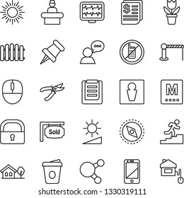 Thin Line Icon Set - Barrier Vector, No Mobile, Male, Reception, Sun, Mouse, Coffee, Flower In Pot, Fence, Pruner, Monitor Pulse, Receipt, Clipboard, Cell Phone, Speaker, Share, Paper Pin, Compass