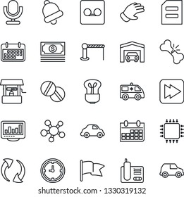 Thin Line Icon Set - barrier vector, document, calendar, glove, well, pills, ambulance car, broken bone, cash, delivery, clock, term, microphone, radio phone, share, fast forward, update, bell, chip