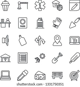 Thin Line Icon Set - barrier vector, passport, notebook pc, trowel, shovel, glove, bench, thermometer, ambulance star, route, navigation, speaker, notes, abacus, manager desk, pencil, city house