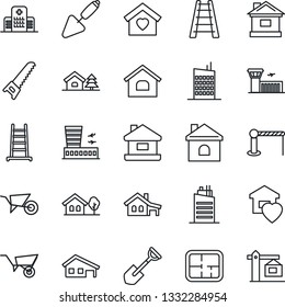 Thin Line Icon Set - barrier vector, airport building, trowel, shovel, ladder, wheelbarrow, saw, house, hospital, with garage, tree, plan, sweet home, city, crane