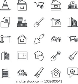 Thin Line Icon Set - barrier vector, border cone, airport building, office, trowel, shovel, wheelbarrow, saw, house, hospital, with garage, tree, plan, estate document, sweet home, city, crane