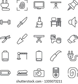 Thin Line Icon Set - barrier vector, camera, desk, trowel, pruner, glove, garden knife, picnic table, blood pressure, barbell, speaker, remote control, monitor, paper pin, low battery, themes