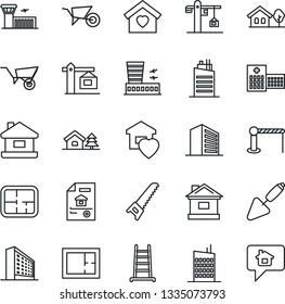 Thin Line Icon Set - barrier vector, airport building, office, trowel, ladder, wheelbarrow, saw, house, hospital, with tree, plan, estate document, sweet home, city, crane, message