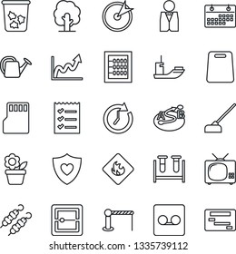 Thin Line Icon Set - barrier vector, trash bin, flower in pot, tree, watering can, hoe, blood test vial, heart shield, sea shipping, flammable, route, record, scanner, sd, calendar, abacus, tv