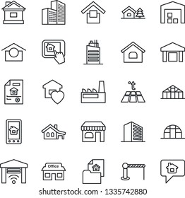 Thin Line Icon Set - barrier vector, shop, office building, house, greenhouse, store, warehouse storage, with garage, tree, estate document, sweet home, city, factory, control app, warm floor, gate