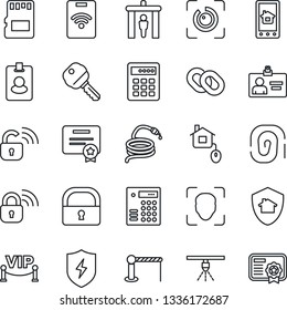 Thin Line Icon Set - barrier vector, security gate, identity card, hose, chain, protect, sd, lock, face id, eye, key, vip zone, home control, wireless, app, combination, pass, sprinkler, fingerprint