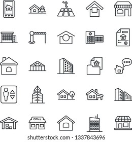 Thin Line Icon Set - barrier vector, elevator, shop, office building, house, greenhouse, hospital, store, warehouse storage, with garage, tree, estate document, city, home control app, warm floor