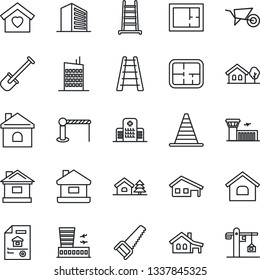 Thin Line Icon Set - barrier vector, border cone, airport building, office, shovel, ladder, wheelbarrow, saw, house, hospital, with garage, tree, plan, estate document, sweet home, city, crane