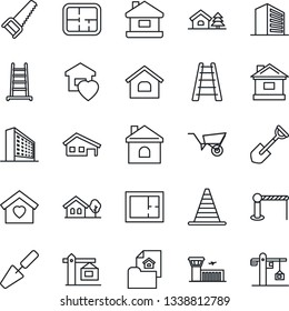 Thin Line Icon Set - barrier vector, border cone, airport building, office, trowel, shovel, ladder, wheelbarrow, saw, house, with garage, tree, plan, estate document, sweet home, crane