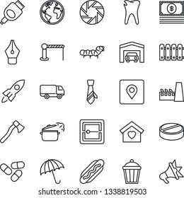 Thin Line Icon Set - barrier vector, umbrella, axe, garden light, caterpillar, pills, caries, earth, car delivery, hdmi, mobile camera, scanner, place tag, ink pen, tie, garage, fence, sweet home