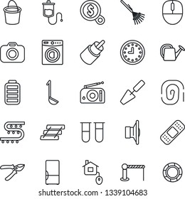 Thin Line Icon Set - barrier vector, mouse, trowel, rake, watering can, bucket, pruner, drip irrigation, blood test vial, dropper, patch, clock, camera, radio, speaker, battery, rca, paper tray