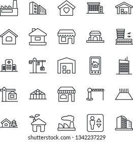 Thin Line Icon Set - barrier vector, elevator, shop, airport building, factory, greenhouse, hospital, house, with tree, warehouse, office, sweet home, city, crane, cafe, eco, control app, warm floor
