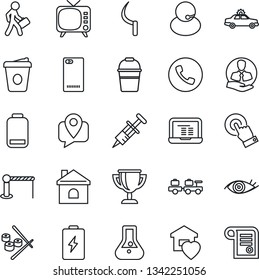 Thin Line Icon Set - barrier vector, phone, alarm car, baggage larry, notebook pc, coffee, bucket, house, sickle, syringe, eye, support, client, mobile tracking, tv, touch screen, low battery, back