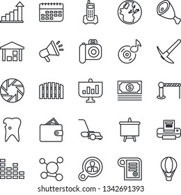 Thin Line Icon Set - barrier vector, growth statistic, presentation board, lawn mower, caries, molecule, cash, office phone, term, warehouse, camera, equalizer, mobile, music, printer, fence, ham