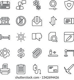 Thin Line Icon Set - barrier vector, escalator, no mobile, ticket, speaking man, dollar sign, printer, sun, dropper, heart shield, hospital bed, term, clipboard, finger down, mail, settings, notes
