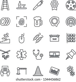 Thin Line Icon Set - barrier vector, border cone, seat map, mouse, document, stamp, ladder, stethoscope, ambulance star, barcode, railroad, reel, paper pin, sertificate, career, pen, sold signboard