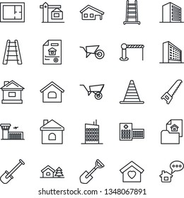 Thin Line Icon Set - barrier vector, border cone, airport building, office, shovel, ladder, wheelbarrow, saw, house, hospital, with garage, tree, plan, estate document, sweet home, city, crane