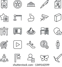Thin Line Icon Set - barrier vector, security gate, escalator, safe, manager, desk, butterfly, greenhouse, stomach, patient, speaker, favorites list, play button, blank box, hierarchy, pen, fan