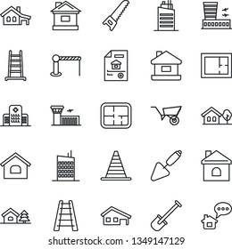 Thin Line Icon Set - barrier vector, border cone, airport building, trowel, shovel, ladder, wheelbarrow, saw, house, hospital, with garage, tree, plan, estate document, city, home message