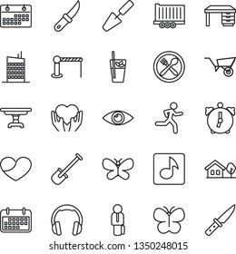 Thin Line Icon Set - barrier vector, desk, trowel, shovel, wheelbarrow, butterfly, garden knife, run, heart hand, eye, truck trailer, term, headphones, alarm, music, calendar, manager, table, city