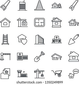 Thin Line Icon Set - barrier vector, border cone, airport building, office, trowel, shovel, ladder, wheelbarrow, saw, house, hospital, with garage, tree, plan, estate document, sweet home, city